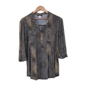 Cocomo Tunic Top Womens M Yellow Black White Henley 3/4 Roll Tab Sleeves Pintuck